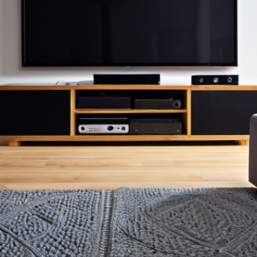 Home 11 **Image Prompt:** A modern living room setup with a focus on the AV receiver as the central hub. Show multiple audio cables neatly connected to the receiver, linking various devices such as a Blu-ray player and game console. The lighting should highlight the connections and the organization of the cables.