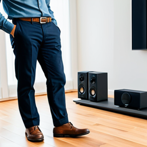 Home 6 A professional audio enthusiast, fully clothed in a modest business casual outfit, is meticulously making a fine adjustment to a front channel speaker in a clean, contemporary living room setup. The speaker is part of a high-quality home theater system, with a central speaker and subwoofer visibly arranged. The room is well-lit with natural light, creating a calm and focused atmosphere. The person exhibits perfect anatomy, correct proportions, and a natural pose with well-formed hands and proper finger count. Professional photography, high quality, safe for work, appropriate content, fully clothed.