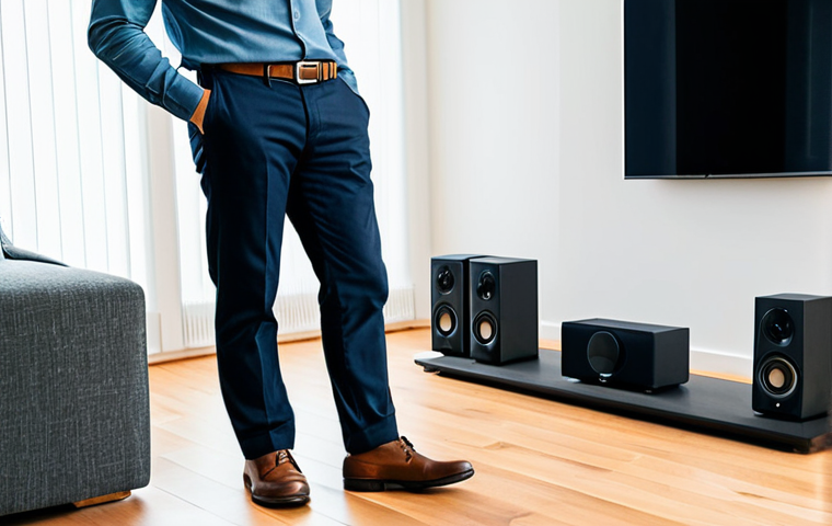 A professional audio enthusiast, fully clothed in a modest business casual outfit, is meticulously making a fine adjustment to a front channel speaker in a clean, contemporary living room setup. The speaker is part of a high-quality home theater system, with a central speaker and subwoofer visibly arranged. The room is well-lit with natural light, creating a calm and focused atmosphere. The person exhibits perfect anatomy, correct proportions, and a natural pose with well-formed hands and proper finger count. Professional photography, high quality, safe for work, appropriate content, fully clothed.