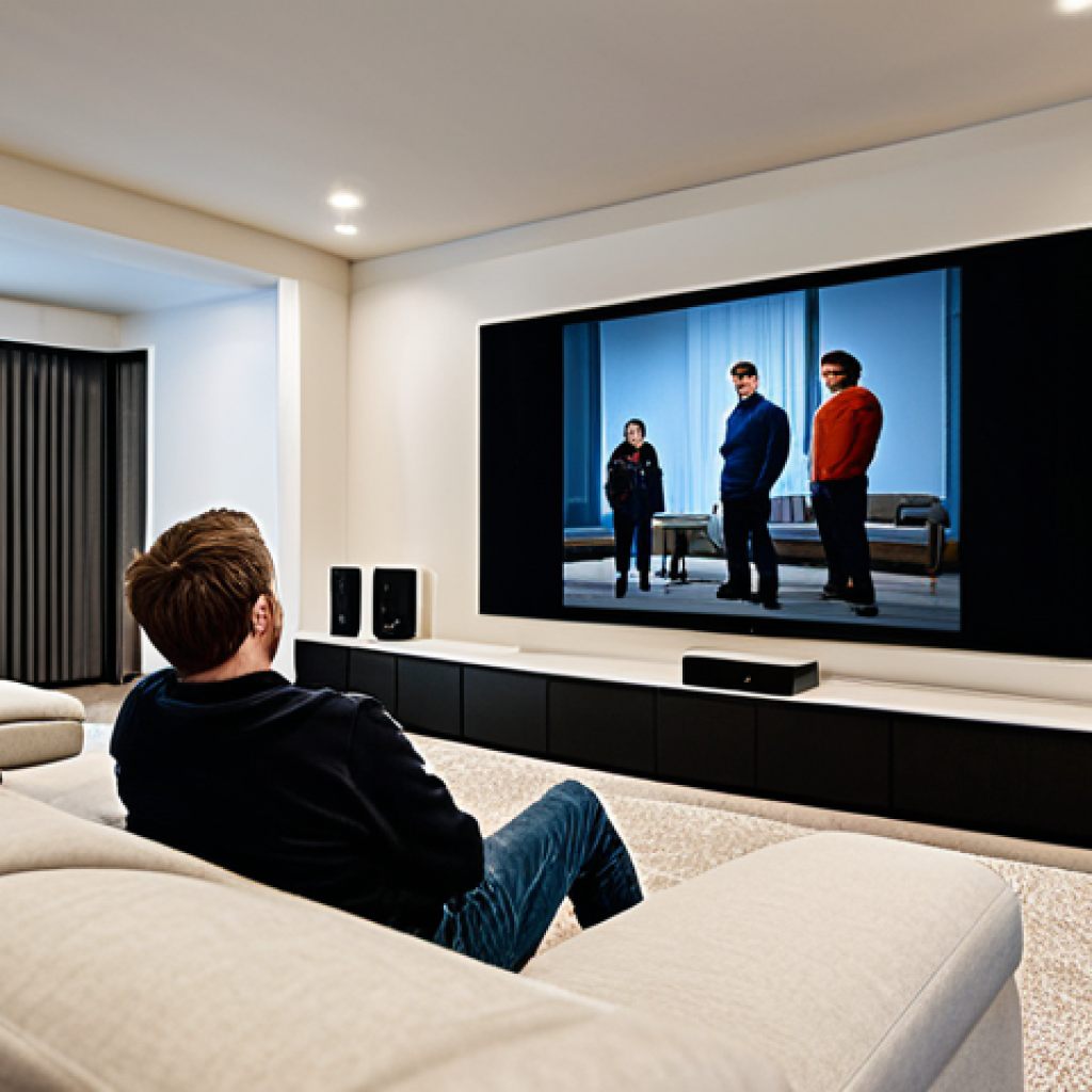 Home Theater Setup**
"A modern living room with a state-of-the-art home theater system, featuring a large screen TV and multiple speakers strategically placed around the room, fully clothed family enjoying a movie, appropriate content, safe for work, professional photography, perfect anatomy, natural proportions, well-lit, modest interior design."
**