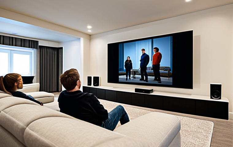 Home Theater Setup**
"A modern living room with a state-of-the-art home theater system, featuring a large screen TV and multiple speakers strategically placed around the room, fully clothed family enjoying a movie, appropriate content, safe for work, professional photography, perfect anatomy, natural proportions, well-lit, modest interior design."
**