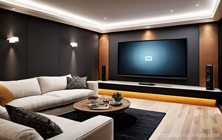 입체 사운드 시스템을 활용한 영화 감상법 - **Prompt 1: Cozy Family Home Cinema Experience**
"A cozy, warmly lit living room at night, trans...
