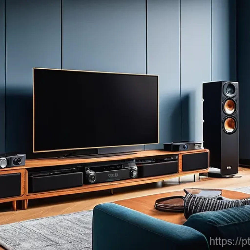 홈 시어터를 위한 입체 사운드 시스템 설정법 - **Home Theater Setup in Progress:** A well-lit, modern living room. A person (gender-neutral, wearin...