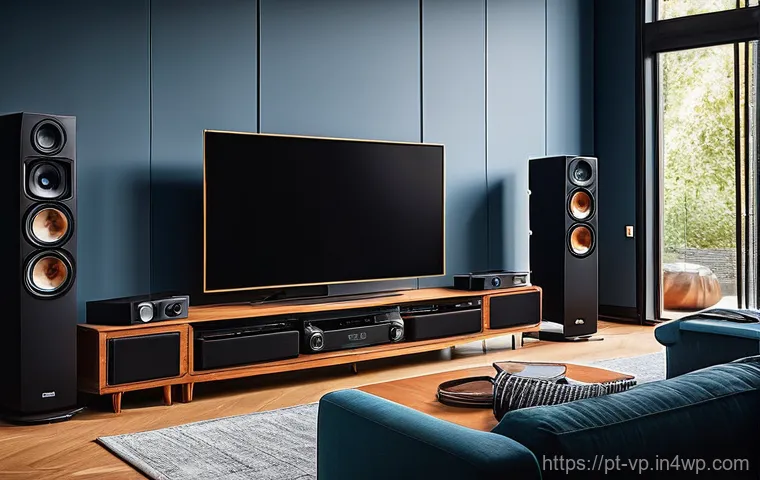 홈 시어터를 위한 입체 사운드 시스템 설정법 - **Home Theater Setup in Progress:** A well-lit, modern living room. A person (gender-neutral, wearin...