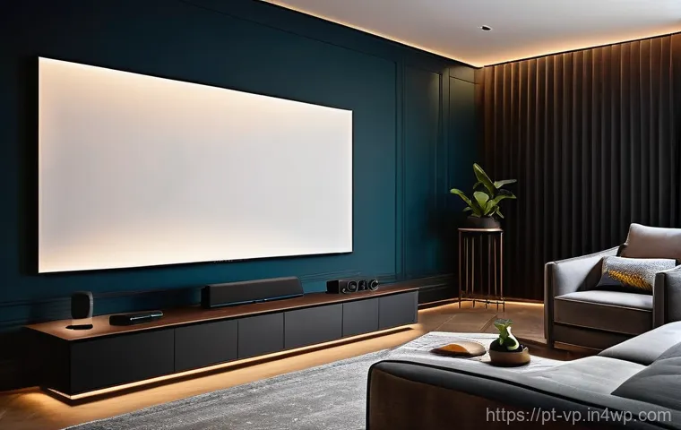 홈 시어터를 위한 입체 사운드 시스템 설정법 - **Home Theater Setup in Progress:** A well-lit, modern living room. A person (gender-neutral, wearin...