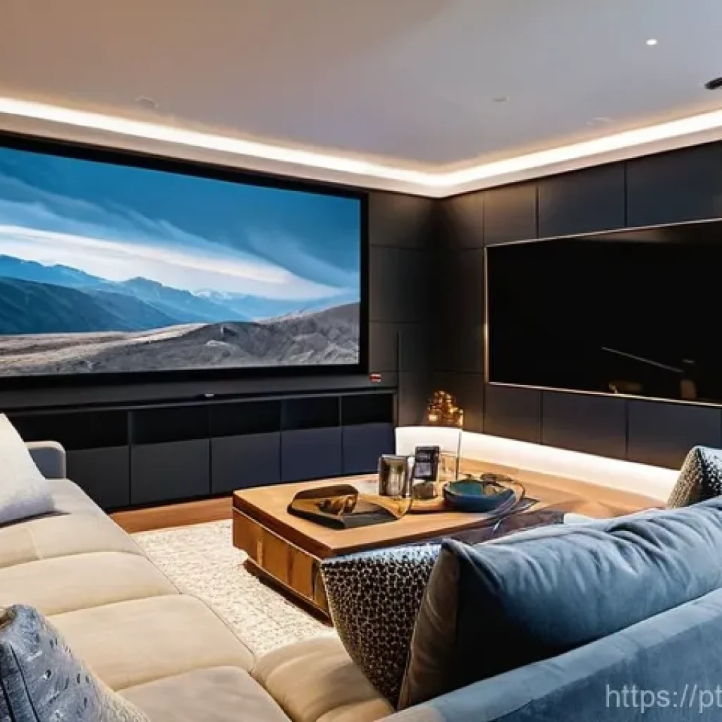 입체 사운드 시스템과 스마트 홈 통합 - **Prompt: Immersive Family Cinema Night**
"A cozy, modern living room transformed into a home ci...