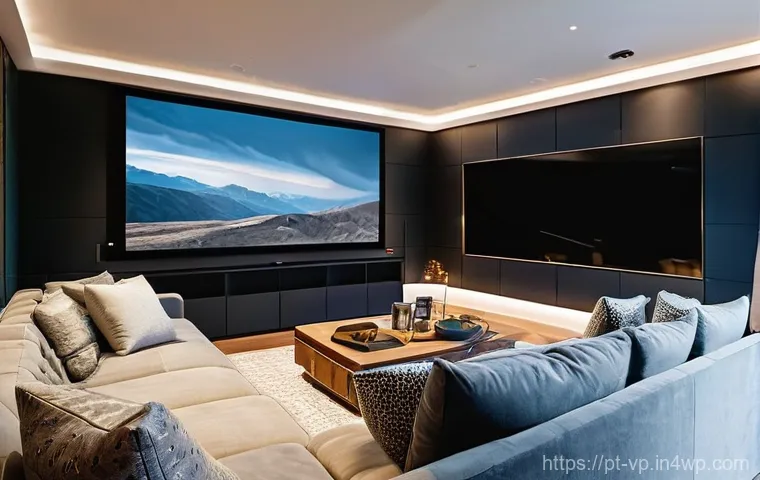 입체 사운드 시스템과 스마트 홈 통합 - **Prompt: Immersive Family Cinema Night**
"A cozy, modern living room transformed into a home ci...