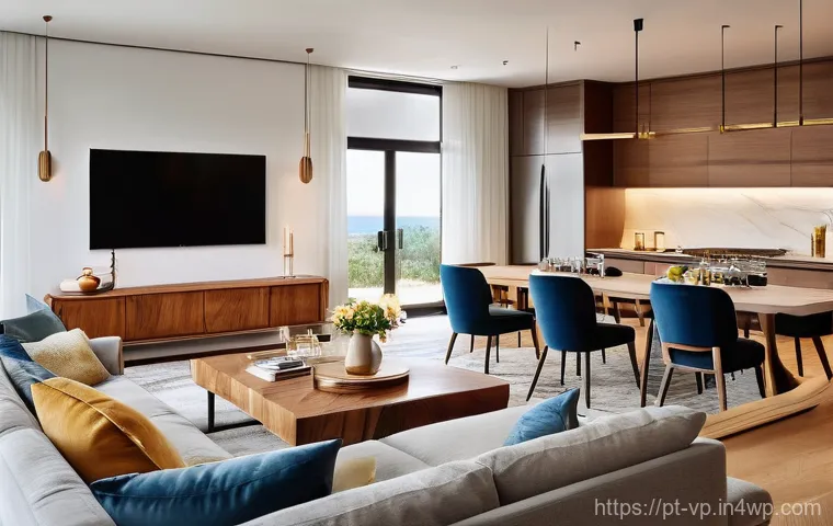 입체 사운드 시스템과 스마트 홈 통합 - **Prompt: Seamless Smart Home Morning Routine**
    "A bright and airy contemporary kitchen and dini...