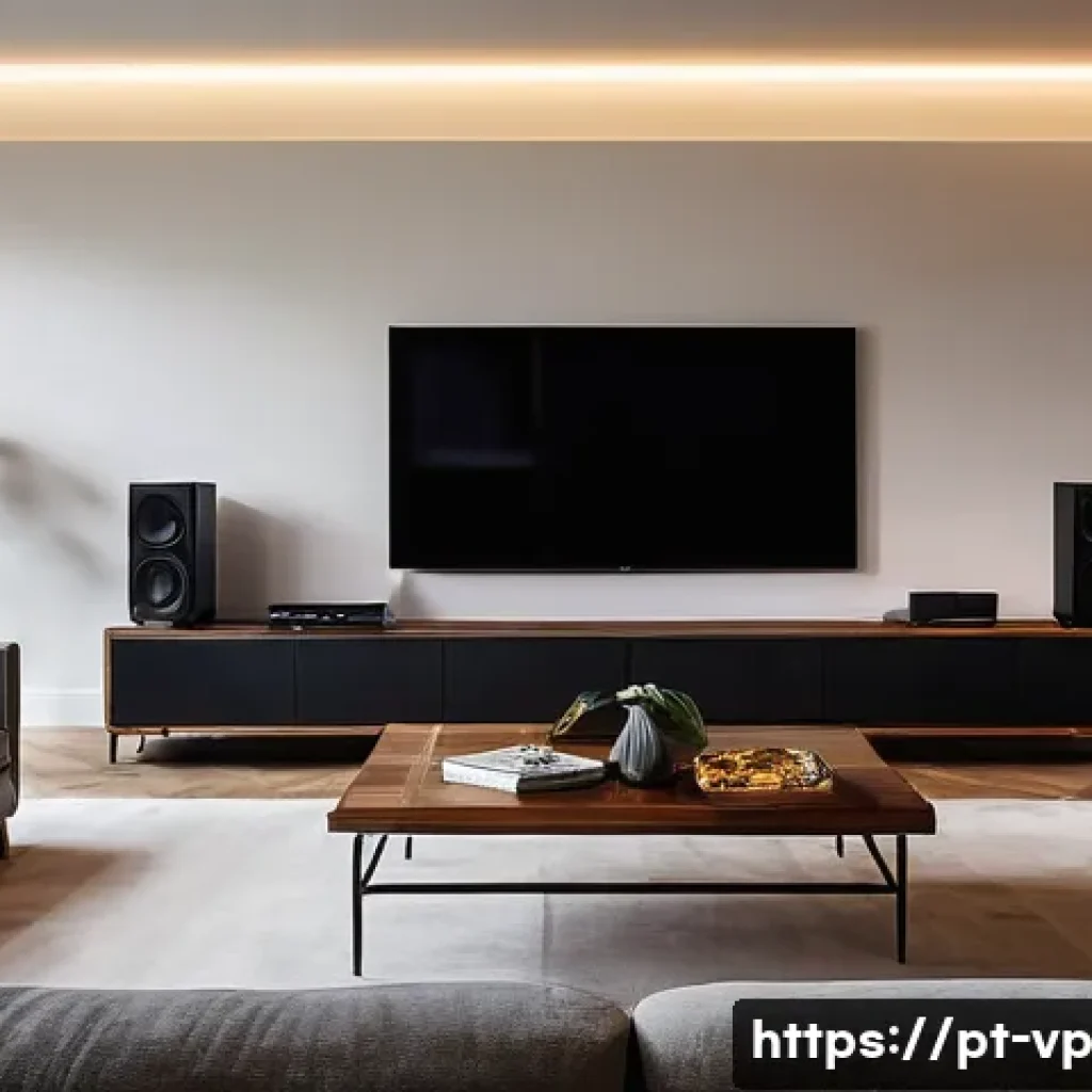 입체 사운드 시스템의 성능 테스트 방법 - **Prompt:** A cozy, modern living room at dusk, bathed in warm, soft lighting. A person, casually dr...
