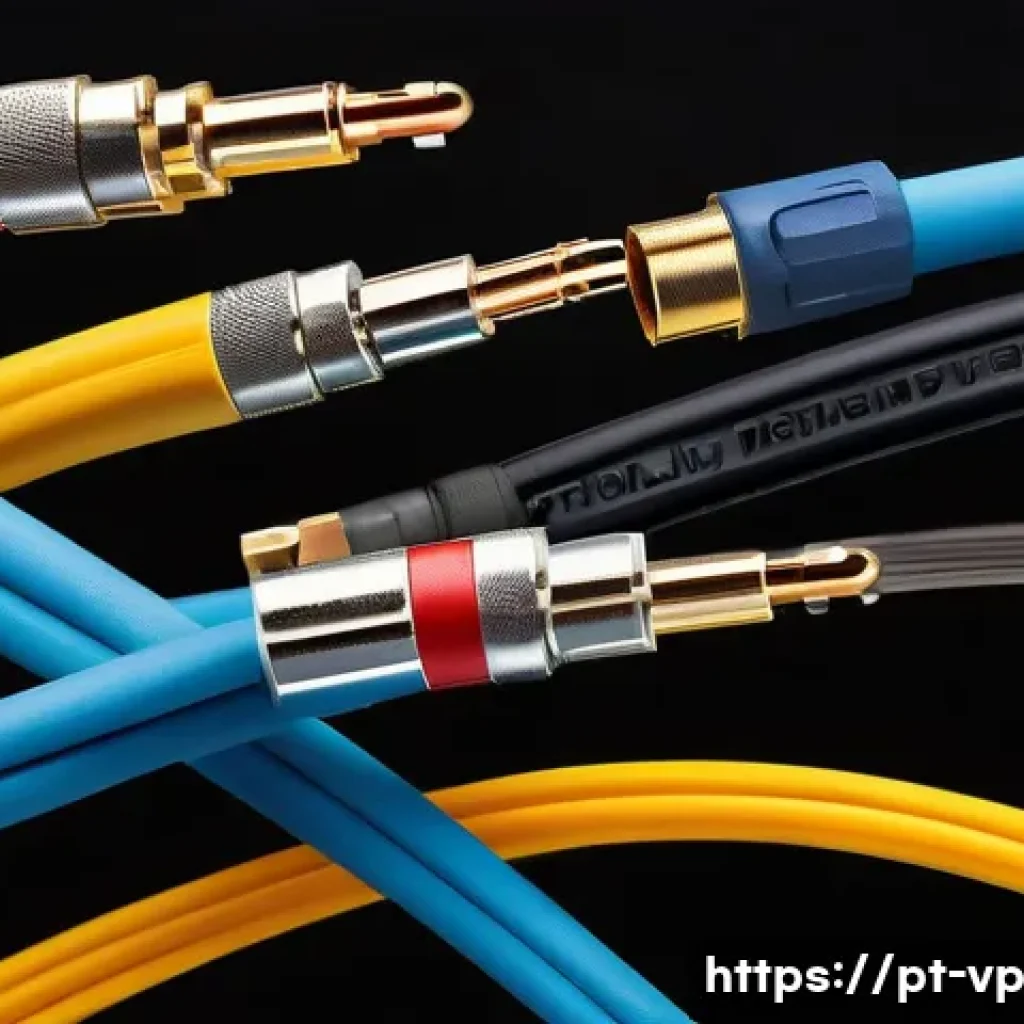 입체 사운드 시스템의 연결 옵션 분석 - A detailed close-up image of various analog audio cables including RCA, P2 (