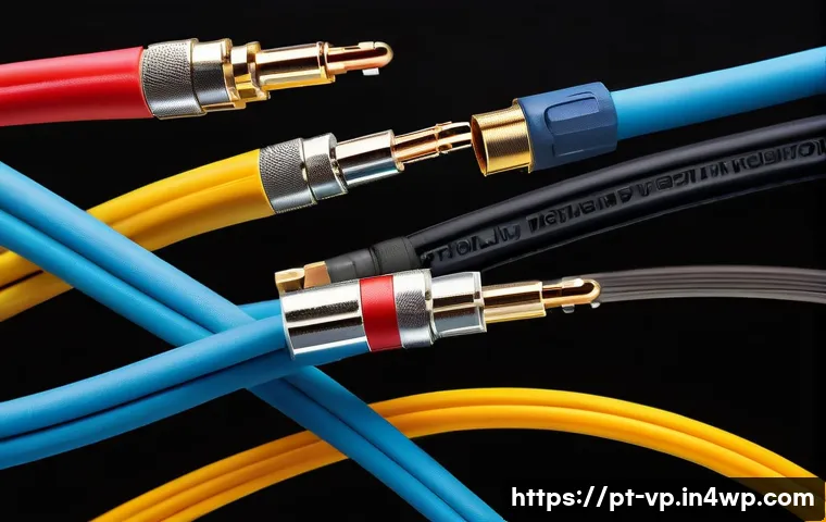 입체 사운드 시스템의 연결 옵션 분석 - A detailed close-up image of various analog audio cables including RCA, P2 (