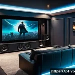 Home 22 입체 사운드 시스템과 포맷 변환의 중요성 - A modern home theater room with a sleek Dolby Atmos sound system setup, featuring multiple strategic...