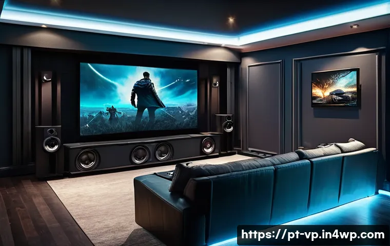 입체 사운드 시스템과 포맷 변환의 중요성 - A modern home theater room with a sleek Dolby Atmos sound system setup, featuring multiple strategic...