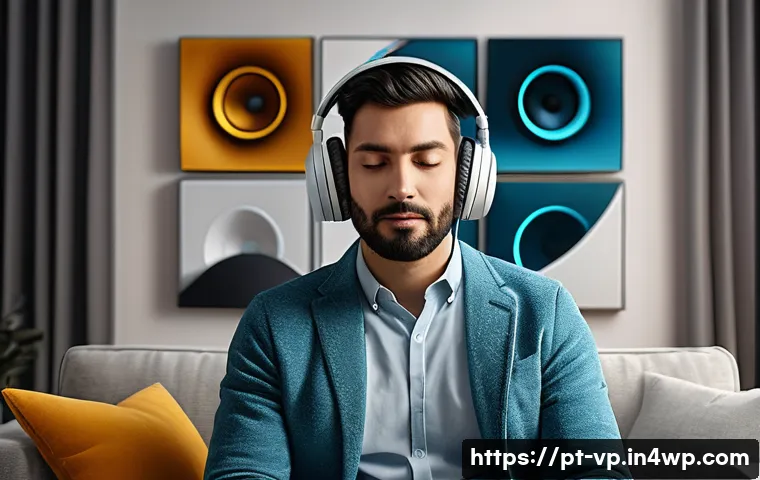 입체 사운드와 음향의 과학 - A detailed and realistic digital illustration of a person wearing high-quality, over-ear headphones ...