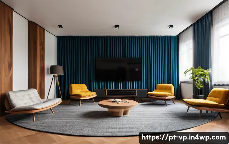 입체 사운드 시스템 조정 방법 - A modern Brazilian living room designed for an immersive surround sound experience, featuring front ...