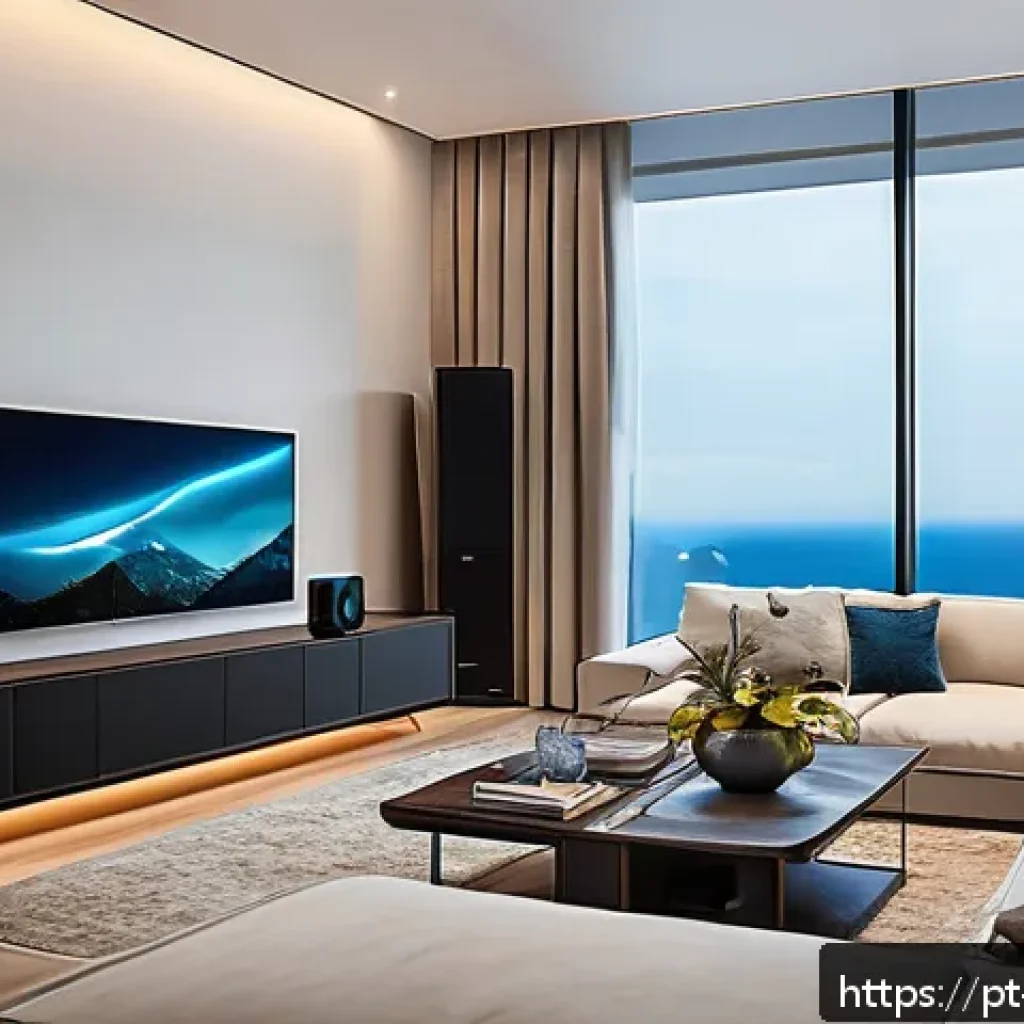 실내에서 입체 사운드를 최적화하는 방법 - A cozy modern living room designed for optimal 3D sound experience, featuring heavy curtains and thi...