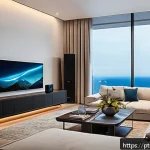 Home 19 실내에서 입체 사운드를 최적화하는 방법 - A cozy modern living room designed for optimal 3D sound experience, featuring heavy curtains and thi...