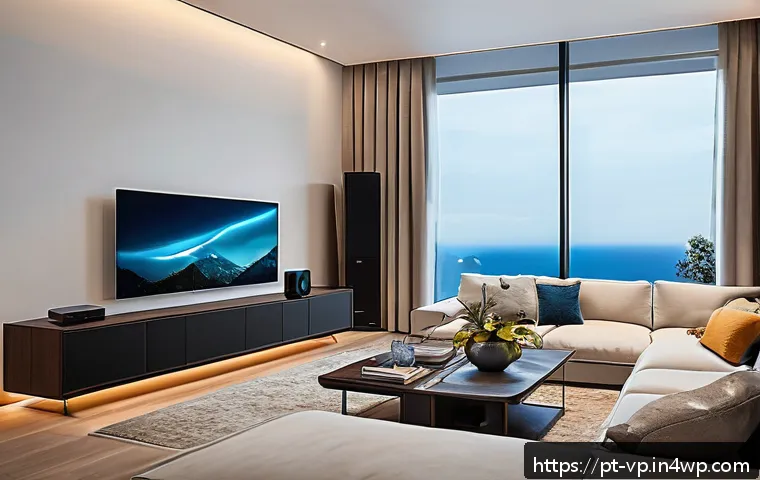 실내에서 입체 사운드를 최적화하는 방법 - A cozy modern living room designed for optimal 3D sound experience, featuring heavy curtains and thi...