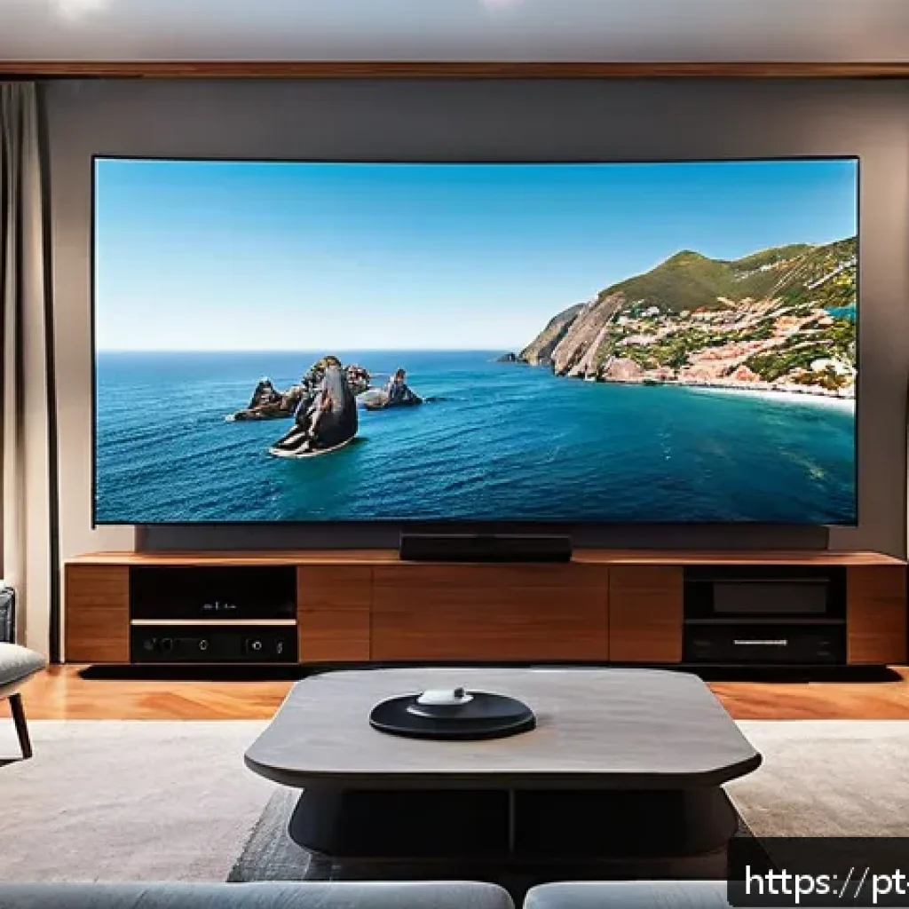 입체 사운드 시스템을 위한 최적의 스피커 배치법 - A modern living room with a high-end surround sound system perfectly set up for immersive audio. The...