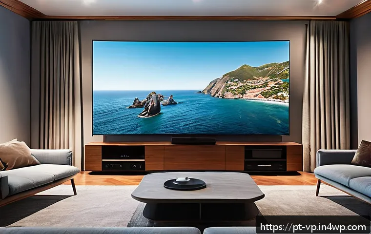 입체 사운드 시스템을 위한 최적의 스피커 배치법 - A modern living room with a high-end surround sound system perfectly set up for immersive audio. The...