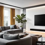 Home 23 입체 사운드 기술의 이론적 배경 - A modern living room equipped with a high-end immersive 3D audio system featuring multiple sleek spe...