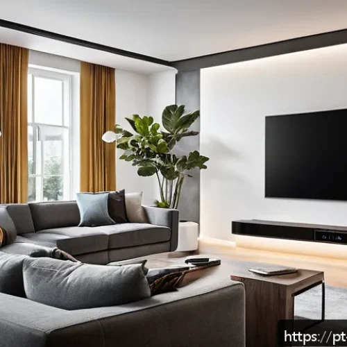 Home 17 입체 사운드 기술의 이론적 배경 - A modern living room equipped with a high-end immersive 3D audio system featuring multiple sleek spe...