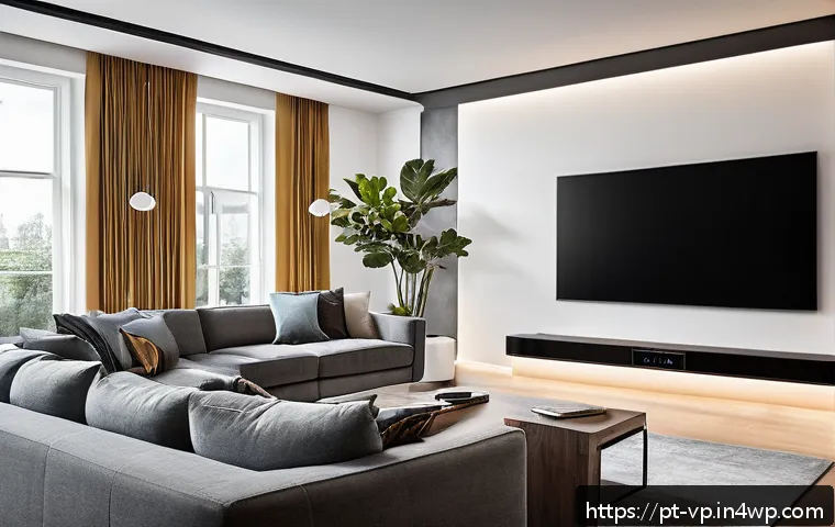 입체 사운드 기술의 이론적 배경 - A modern living room equipped with a high-end immersive 3D audio system featuring multiple sleek spe...