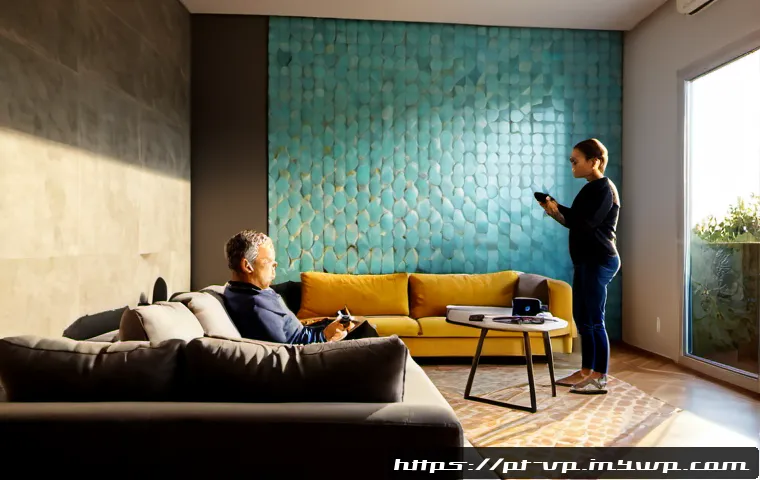 Home 17 입체 사운드 시스템의 사용자 경험 개선 전략 - Photorealistic modern living room in Lisbon, Portugal, a middle-aged couple comfortably testing an i...